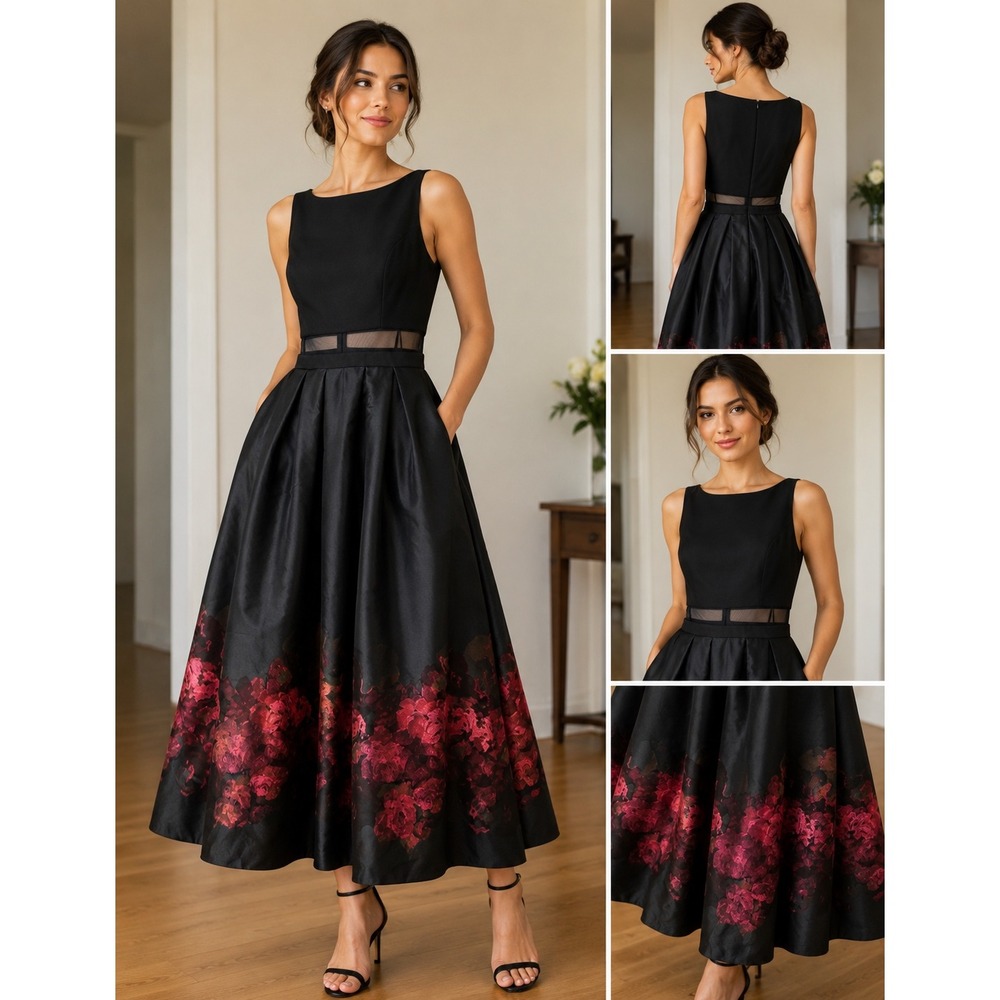 Betsy & Adam Womens Black Red Floral Mesh Waist Pleated Midi Formal Dress Size 8 - Picture 2 of 10